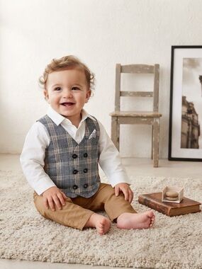 Next Black Taupe Plaid Suit Vest + White Oxford Shirt Set